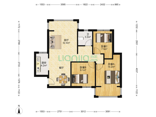 汉口新界广场 3室1厅1卫 106平方