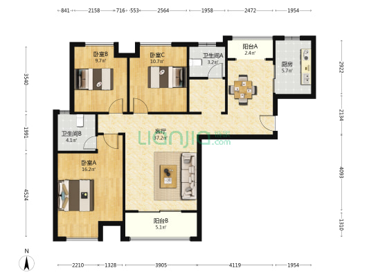 中泰锦城 3室1厅2卫 125平方