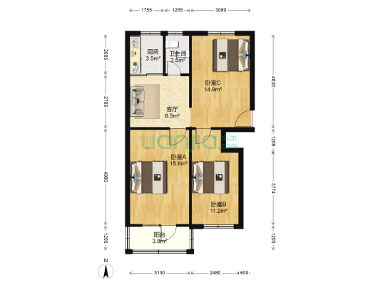 百万庄大街甲21号院 3室1厅1卫 76平方
