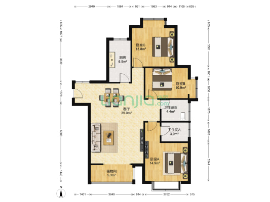 慧翔龙苑 3室1厅2卫 131平方