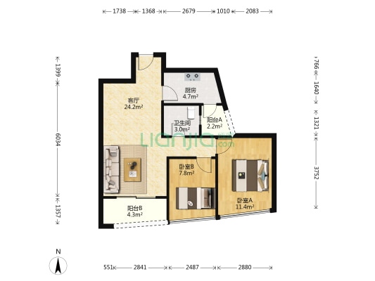 廊桥国际 2室1厅1卫 72平方