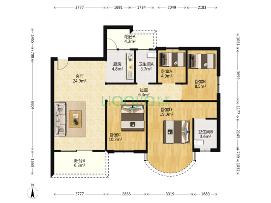 鸿海豪庭 4室1厅2卫 136平方