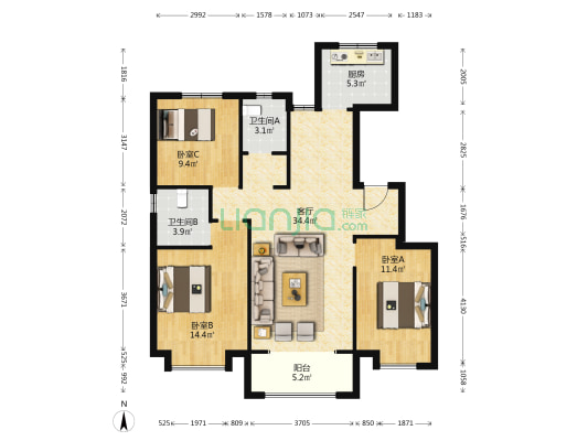 中建锦绣丽城 3室1厅2卫 117平方