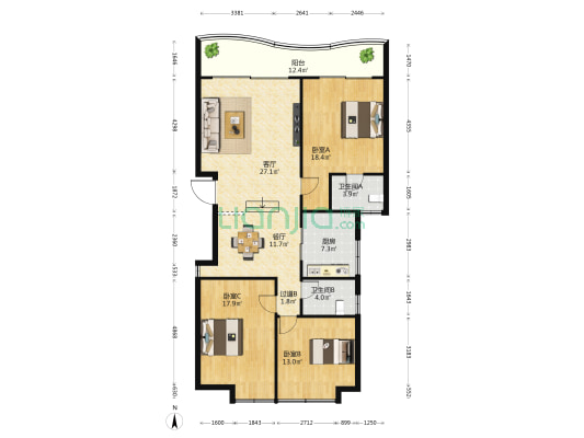 悠生海华 3室2厅2卫 140平方