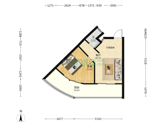 银滩天玺 1室1厅1卫 53平方