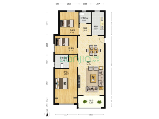 华瑞紫韵天园 3室1厅2卫 130平方