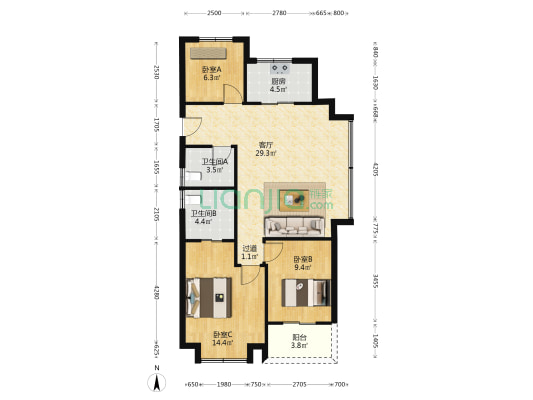 德信滨望之宸 3室1厅2卫 98平方