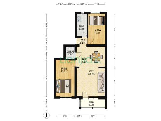 卫生局党校 2室2厅1卫 69平方