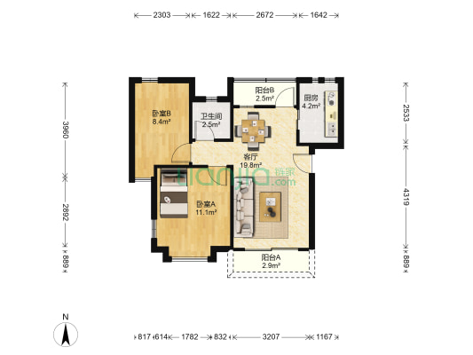 祈福新村湖景居 2室1厅1卫 61平方