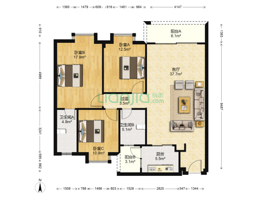 俊景花园俊博苑 3室1厅2卫 114平方