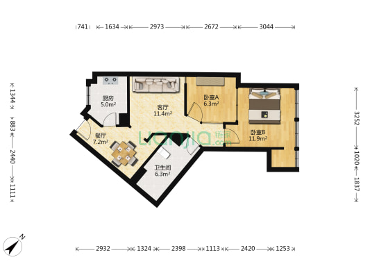 东冠逸景花苑 2室2厅1卫 75平方