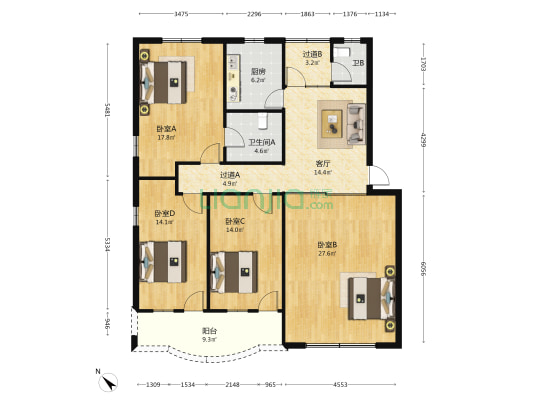 金宝公寓 4室1厅2卫 134平方