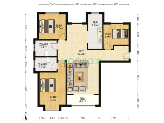 南北通透，楼层好，采光充足，视野开阔。。。。。。。-户型图