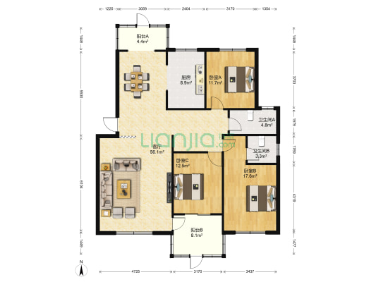 豫章花园 3室1厅2卫 140平方