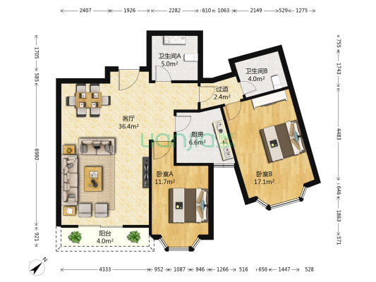 维一星城 2室1厅2卫 117平方