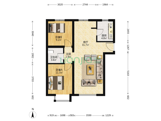 周家庄中路19号院 2室1厅1卫 93平方