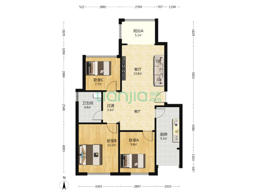 挪威森林 3室1厅1卫 90平方