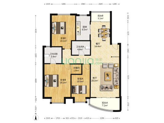 鑫苑名家 3室2厅2卫 135平方