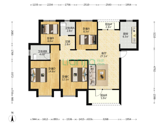 雅澜苑 4室1厅2卫 135平方