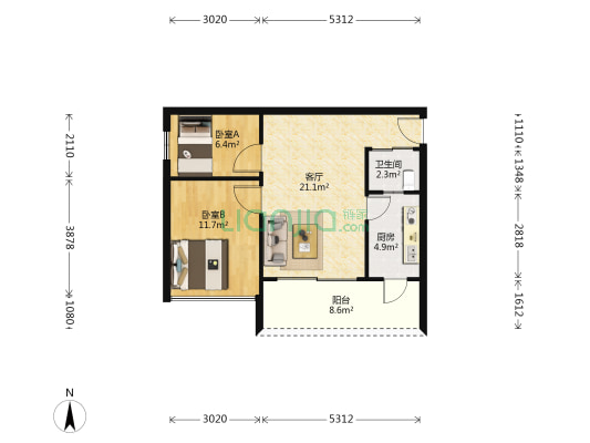 华庭阁 2室1厅1卫 60平方