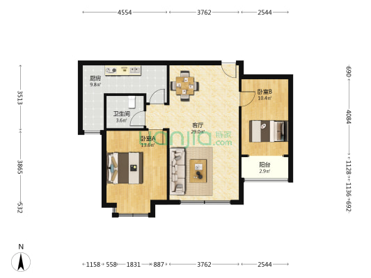 光大银都 2室1厅1卫 89平方