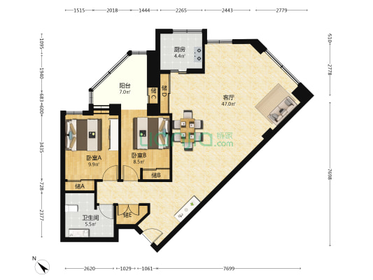 东环广场 2室1厅1卫 137平方