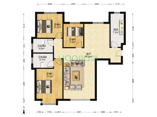 鸿坤理想湾南区 3室1厅 南 北-户型图