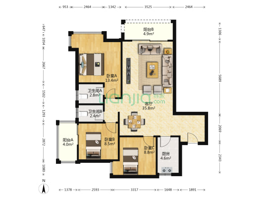 汇雅大厦 3室1厅2卫 110平方