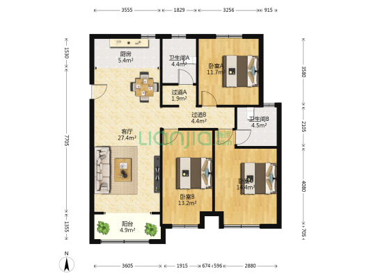 东方名郡三期 3室1厅2卫 137平方