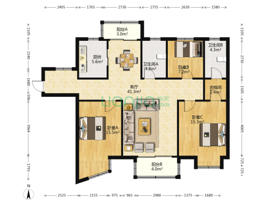 天龙国际广场 3室1厅2卫 138平方
