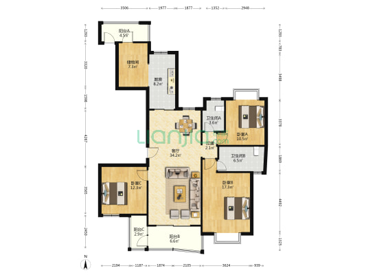 保利广场 3室1厅2卫 155平方