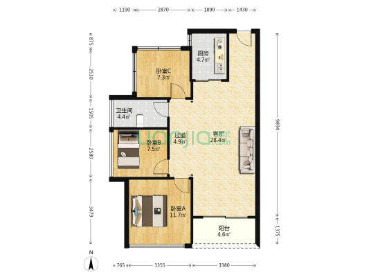 锦江海悦中心 3室1厅1卫 91平方