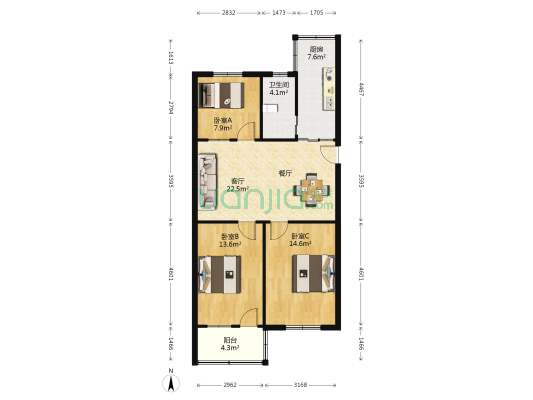 庙巷 3室1厅1卫 86平方