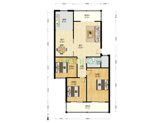 卧龙电力小区 3室2厅1卫 124平方