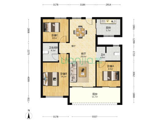 万林府陆号院 3室1厅2卫 105平方