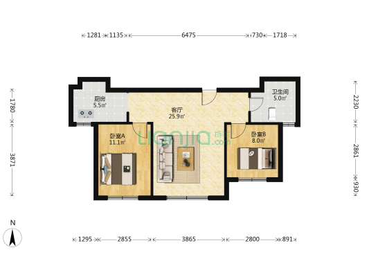 瑞铭园三区 2室1厅1卫 90平方