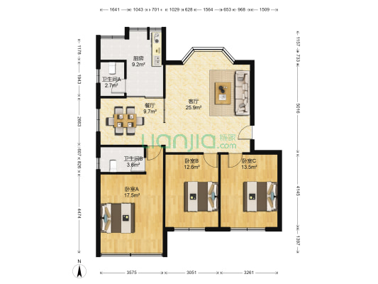 中北花园 3室2厅2卫 123平方