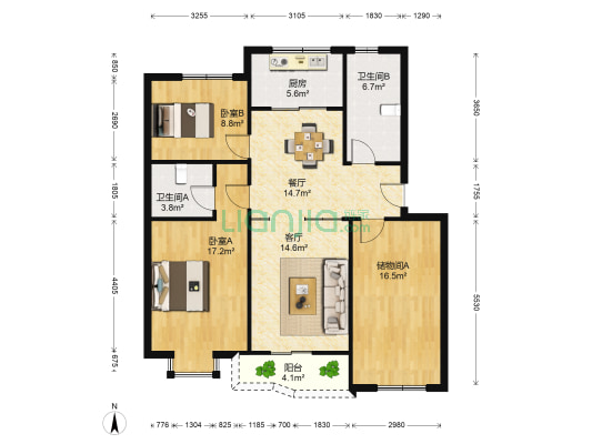 万家花园 2室2厅2卫 108平方