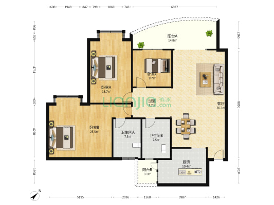 康桥小区 3室1厅2卫 152平方