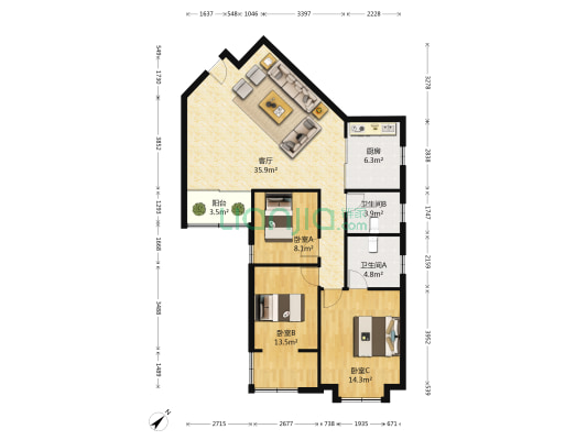 百花公寓二期 3室1厅2卫 107平方