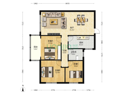 石板场 3室1厅1卫 104平方