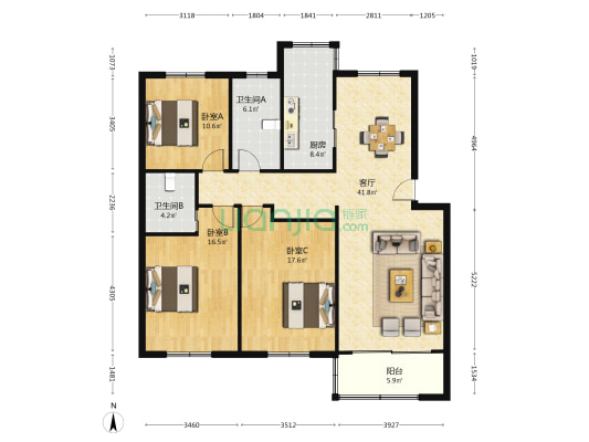 蓬莱苑 3室1厅2卫 134平方