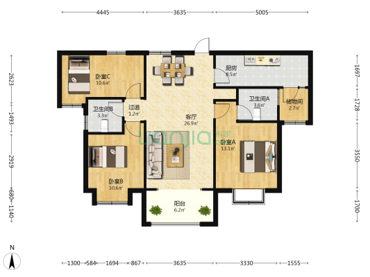 碧桂园天玺 3室1厅2卫 126平方
