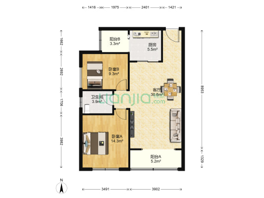 万景国际 2室1厅1卫 78平方