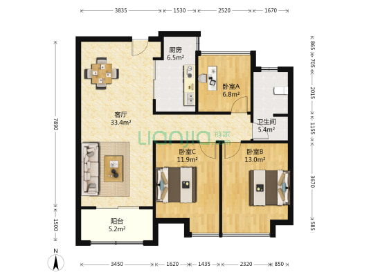 加侨悦山国际西区 3室1厅1卫 98平方
