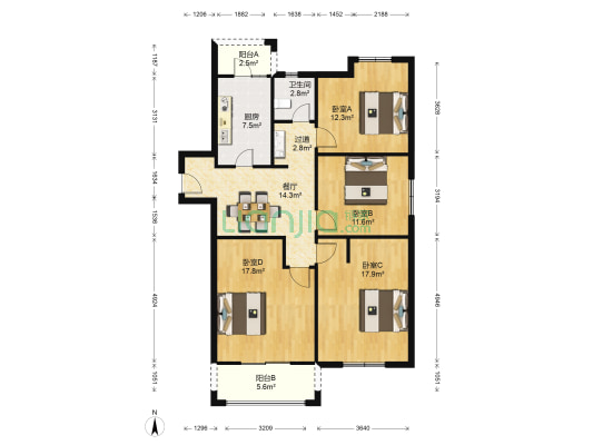 同济融景雅苑 4室1厅1卫 118平方
