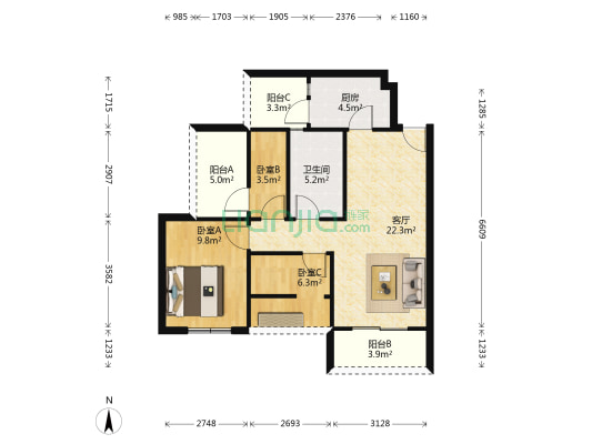 汀兰湾 3室1厅1卫 81平方