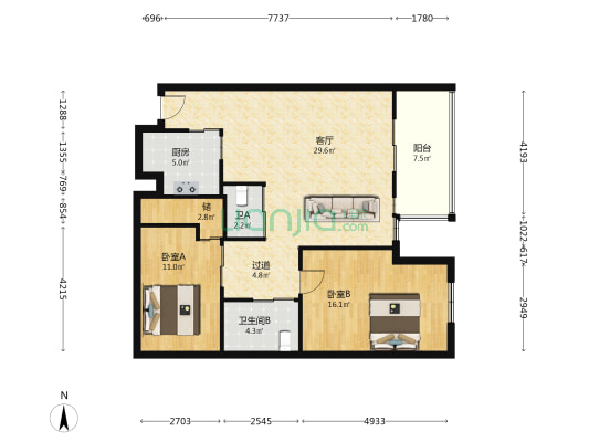 中央公馆(平阳县) 2室1厅2卫 89平方