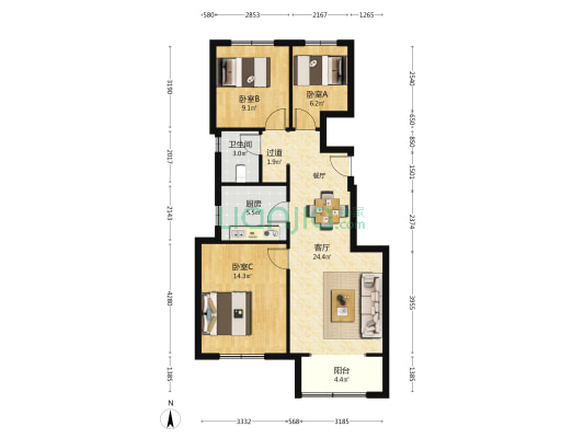 五岳首府 3室1厅1卫 90平方