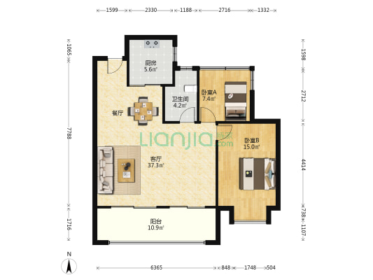 龙湖天玺 2室1厅1卫 107平方